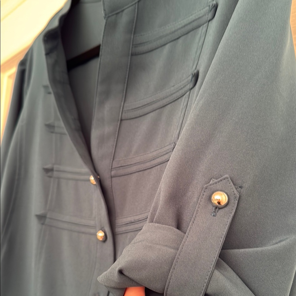 Laura Scott Woman Button Up Blouse Blue/Green Slit Sides Roll Tab Sleeve 18/20 W - Picture 3 of 7
